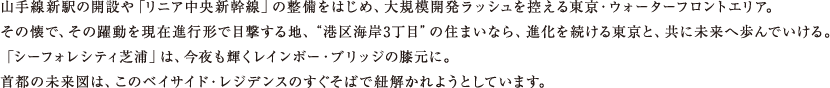 山手線新駅の開設や「リニア中央新幹線」の整備をはじめ、大規模開発ラッシュを控える東京・ウォーターフロントエリア。その懐で、その躍動を現在進行形で目撃する地、“港区海岸3丁目”の住まいなら、進化を続ける東京と、共に未来へ歩んでいける。「シーフォレシティ芝浦」は、今夜も輝くレインボー・ブリッジの膝元に。首都の未来図は、このベイサイド・レジデンスのすぐそばで紐解かれようとしています。