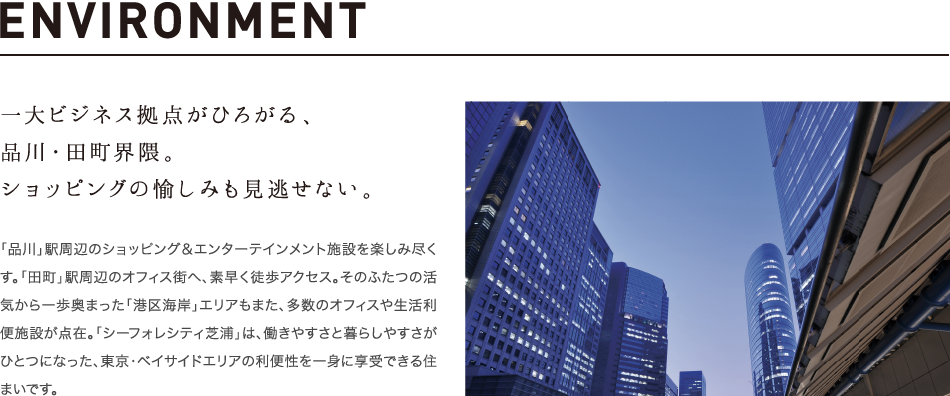 ENVIRONMENT 一大ビジネス拠点がひろがる、品川・田町界隈。ショッピングの愉しみも見逃せない。「品川」駅周辺のショッピング＆エンターテインメント施設を楽しみ尽くす。「田町」駅周辺のオフィス街へ、素早く徒歩アクセス。そのふたつの活気から一歩奥まった「港区海岸」エリアもまた、多数のオフィスや生活利便施設が点在。「シーフォレシティ芝浦」は、働きやすさと暮らしやすさがひとつになった、東京・ベイサイドエリアの利便性を一身に享受できる住まいです。