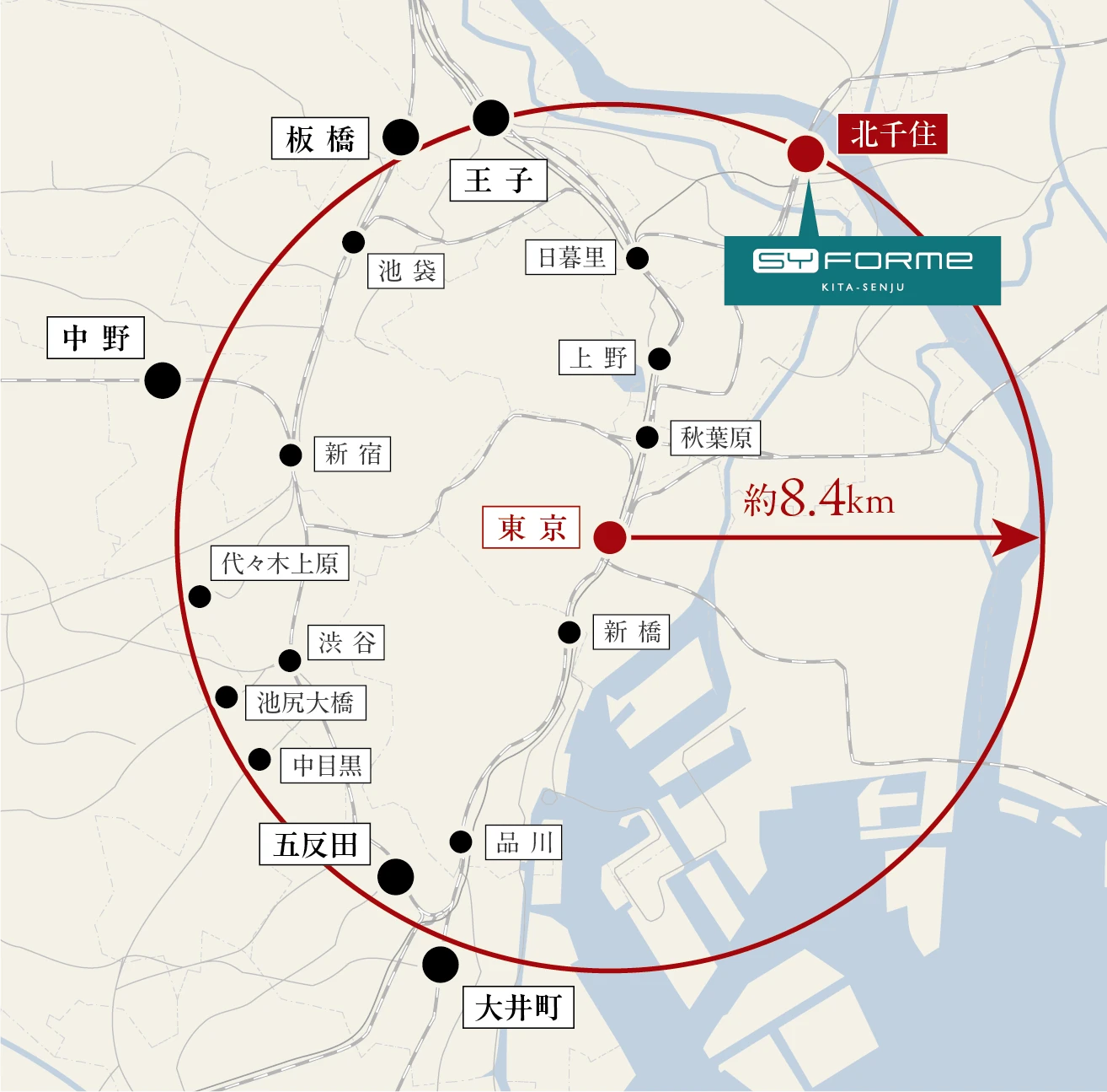 東京駅から約8.4kmの距離圏図
